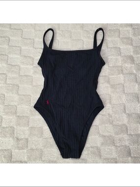 Ralph Lauren Sport Cable Knit One Piece Swimsuit Navy Blue+Red Logo Size 8 EVC